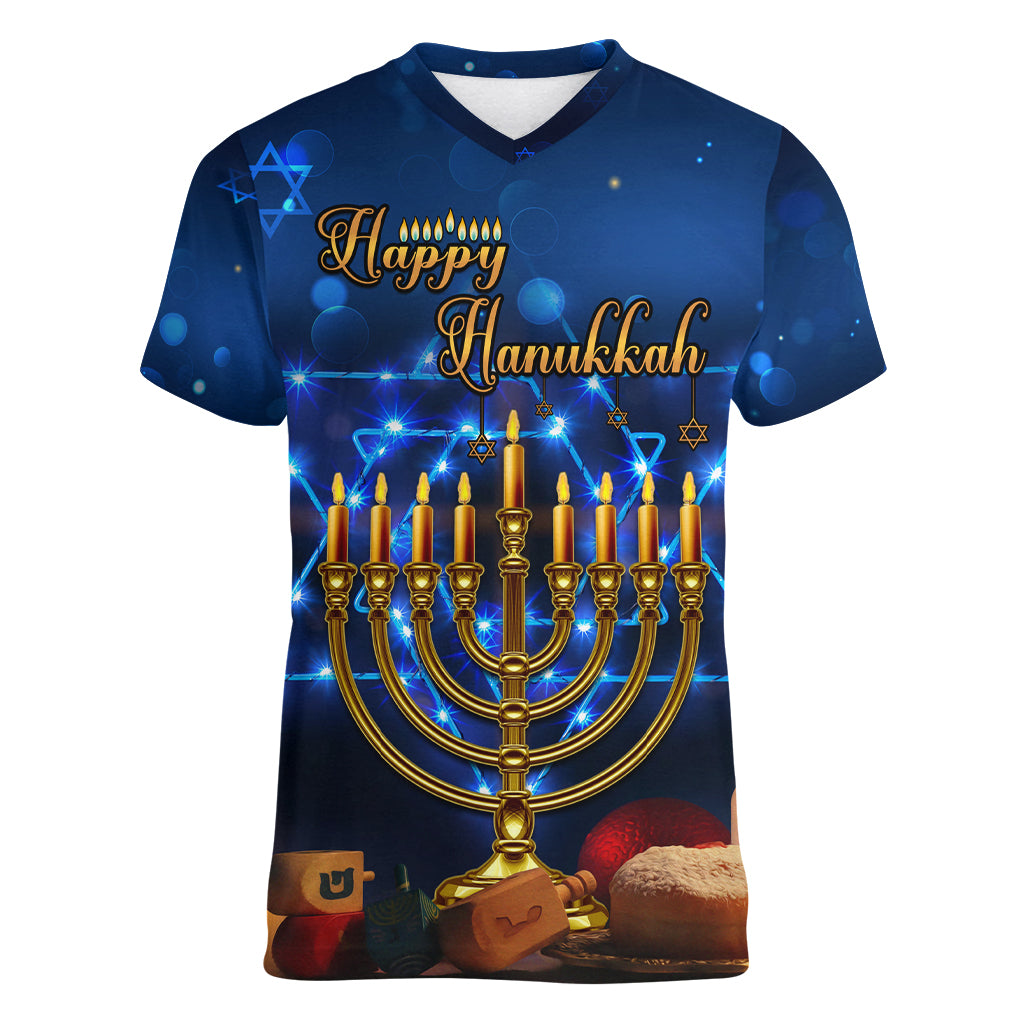 Personalised Hanukkah Women V Neck T Shirt Menorah Happy Jewish Holiday - Wonder Print Shop
