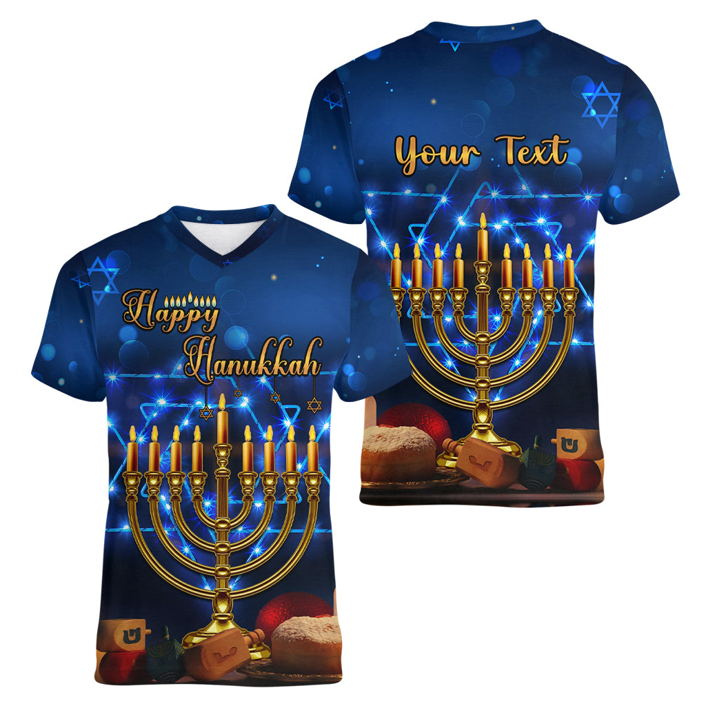 Personalised Hanukkah Women V Neck T Shirt Menorah Happy Jewish Holiday - Wonder Print Shop