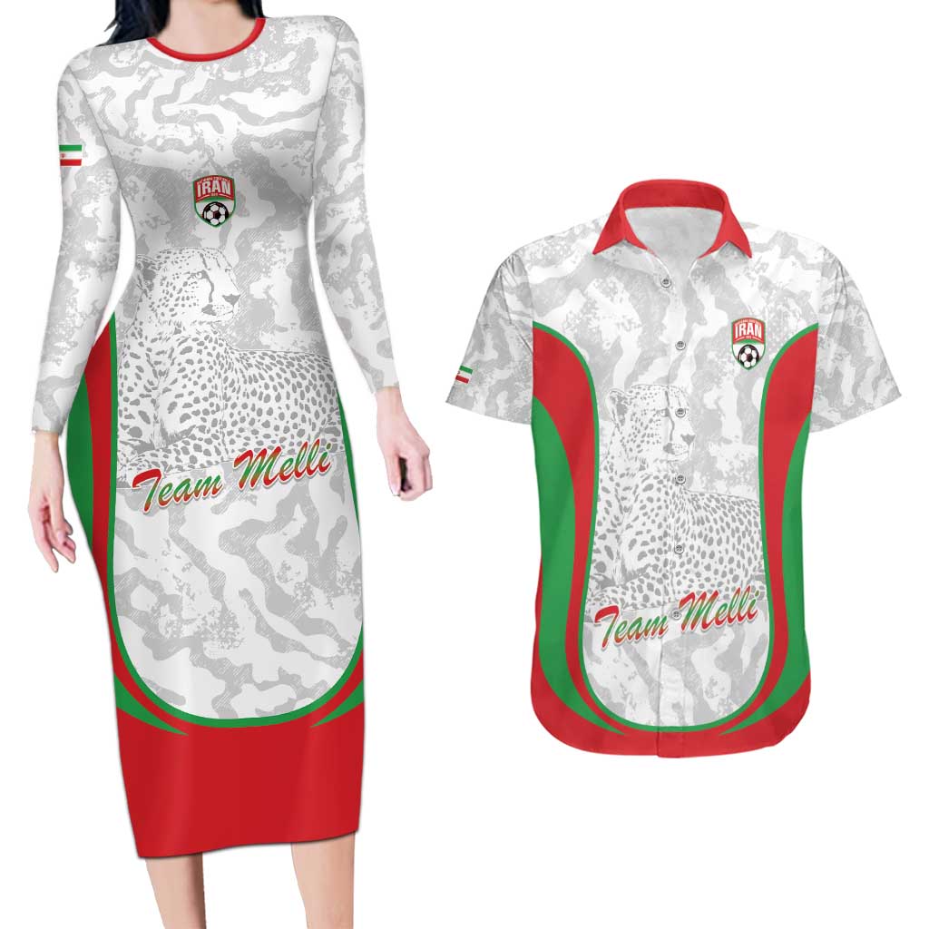 Iran Football Custom Couples Matching Long Sleeve Bodycon Dress and Hawaiian Shirt Come On Team Melli Cheetah - Wonder Print Shop