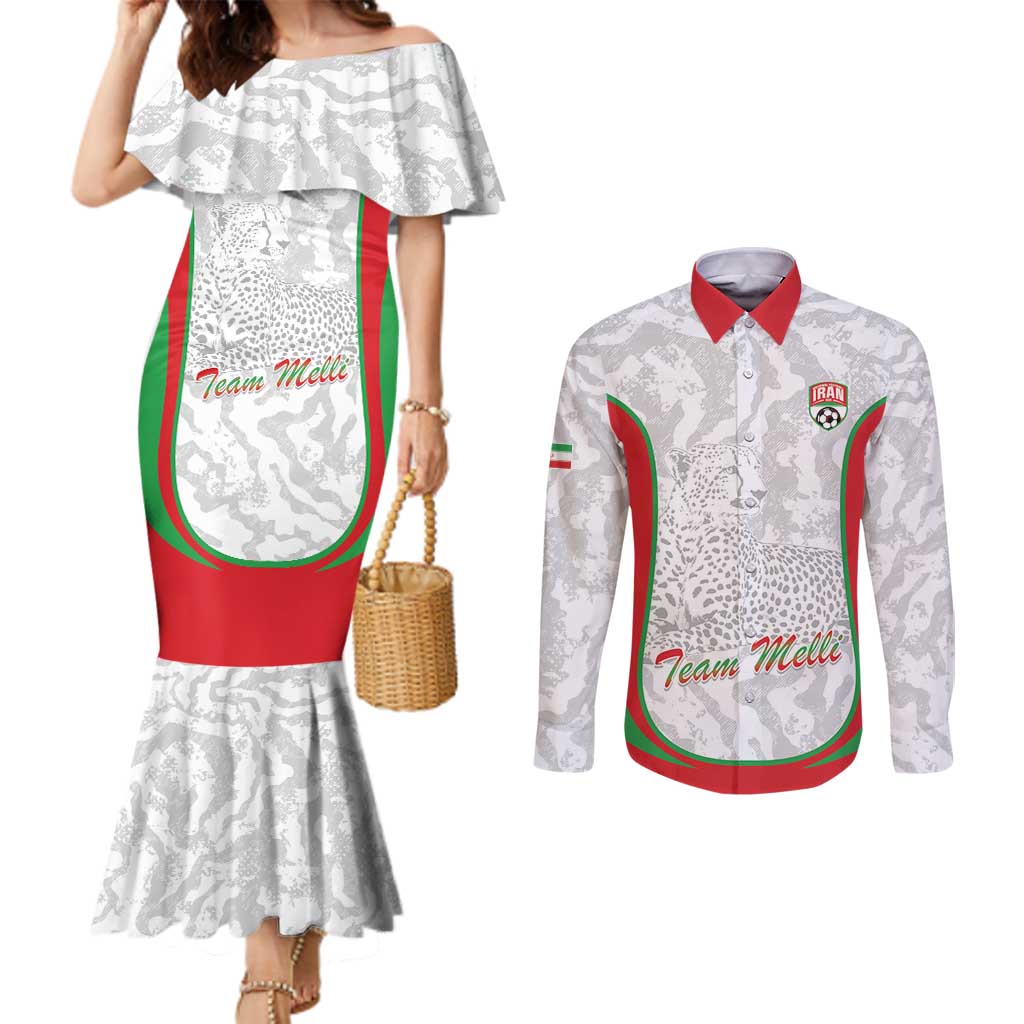 Iran Football Custom Couples Matching Mermaid Dress and Long Sleeve Button Shirt Come On Team Melli Cheetah - Wonder Print Shop