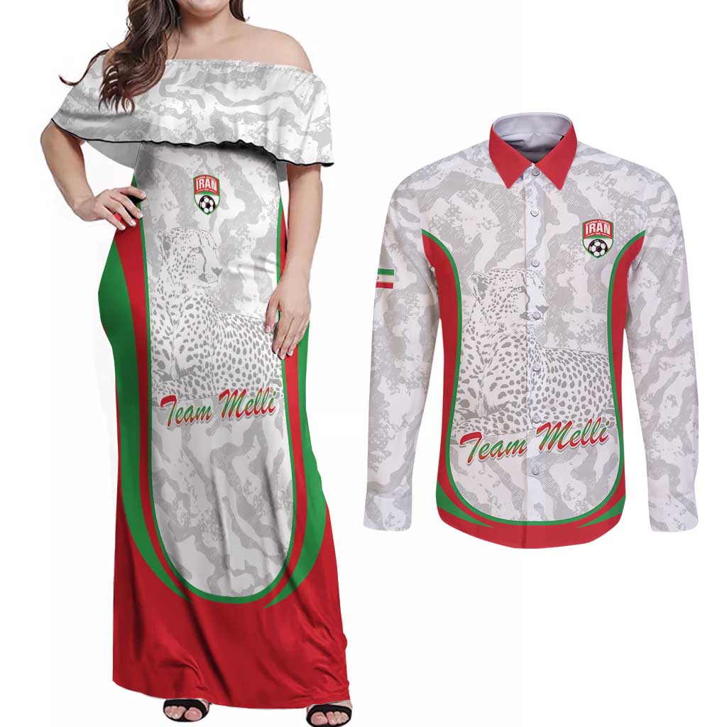 Iran Football Custom Couples Matching Off Shoulder Maxi Dress and Long Sleeve Button Shirt Come On Team Melli Cheetah - Wonder Print Shop