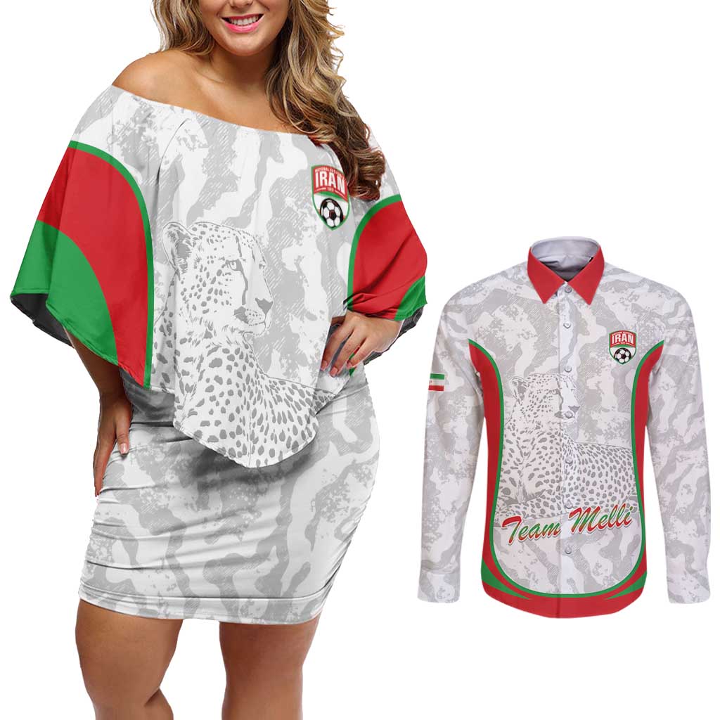 Iran Football Custom Couples Matching Off Shoulder Short Dress and Long Sleeve Button Shirt Come On Team Melli Cheetah - Wonder Print Shop
