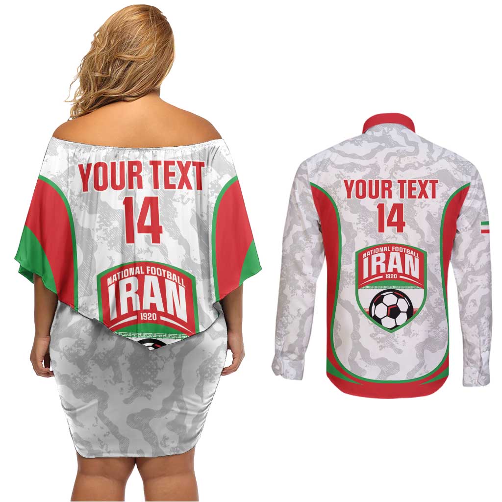 Iran Football Custom Couples Matching Off Shoulder Short Dress and Long Sleeve Button Shirt Come On Team Melli Cheetah - Wonder Print Shop