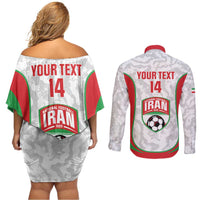 Iran Football Custom Couples Matching Off Shoulder Short Dress and Long Sleeve Button Shirt Come On Team Melli Cheetah - Wonder Print Shop