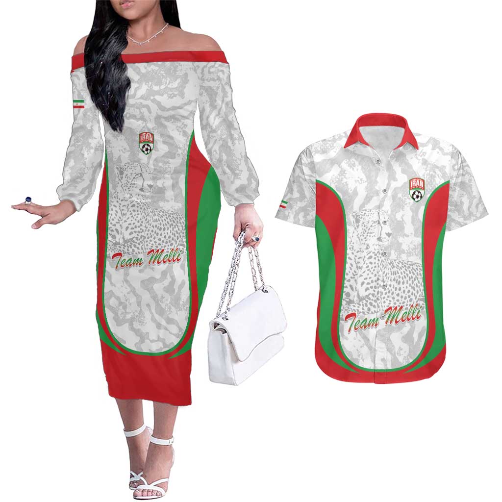 Iran Football Custom Couples Matching Off The Shoulder Long Sleeve Dress and Hawaiian Shirt Come On Team Melli Cheetah - Wonder Print Shop
