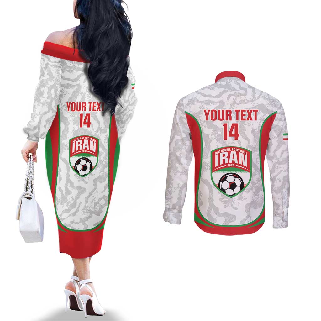 Iran Football Custom Couples Matching Off The Shoulder Long Sleeve Dress and Long Sleeve Button Shirt Come On Team Melli Cheetah - Wonder Print Shop