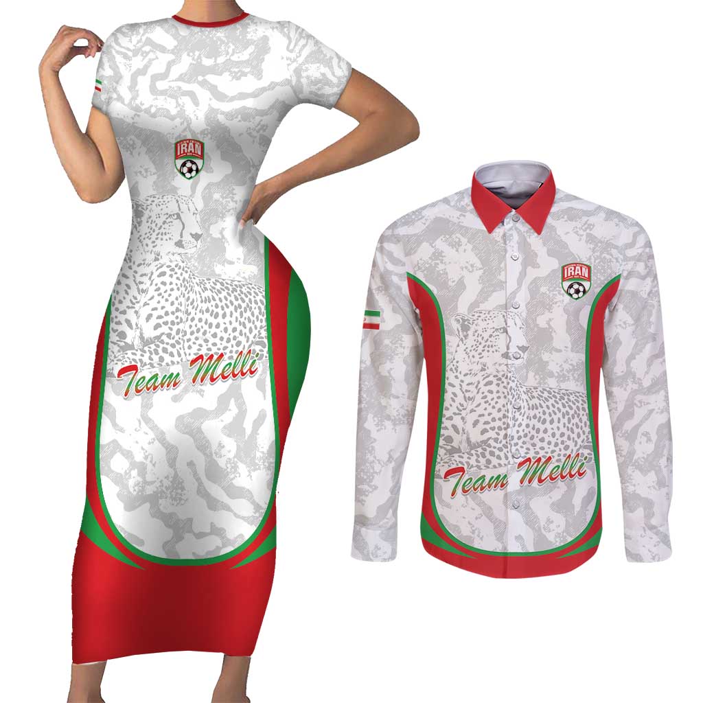 Iran Football Custom Couples Matching Short Sleeve Bodycon Dress and Long Sleeve Button Shirt Come On Team Melli Cheetah - Wonder Print Shop