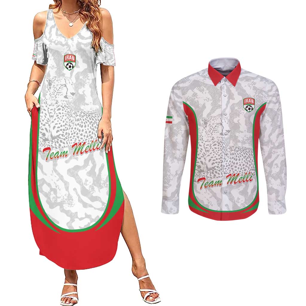 Iran Football Custom Couples Matching Summer Maxi Dress and Long Sleeve Button Shirt Come On Team Melli Cheetah - Wonder Print Shop