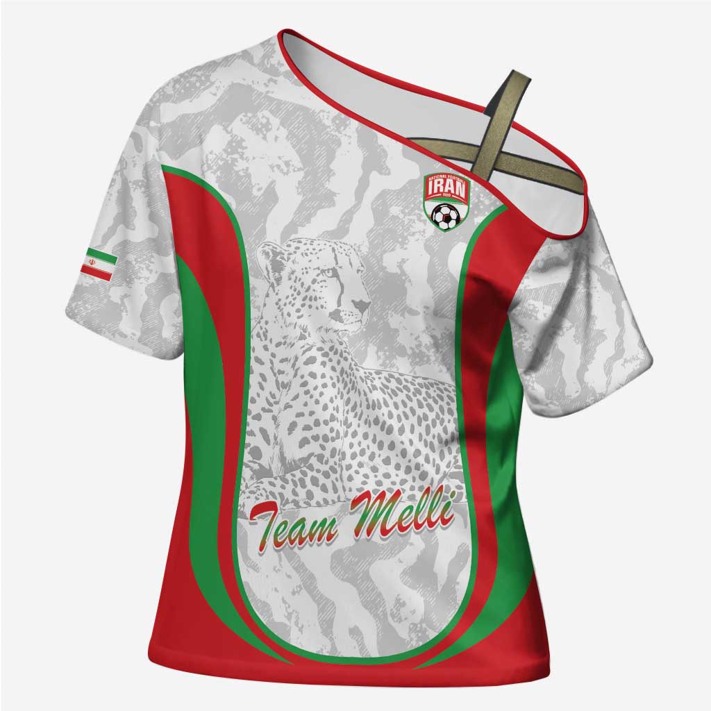 Iran Football Custom Cross Shoulder Shirt Come On Team Melli Cheetah - Wonder Print Shop