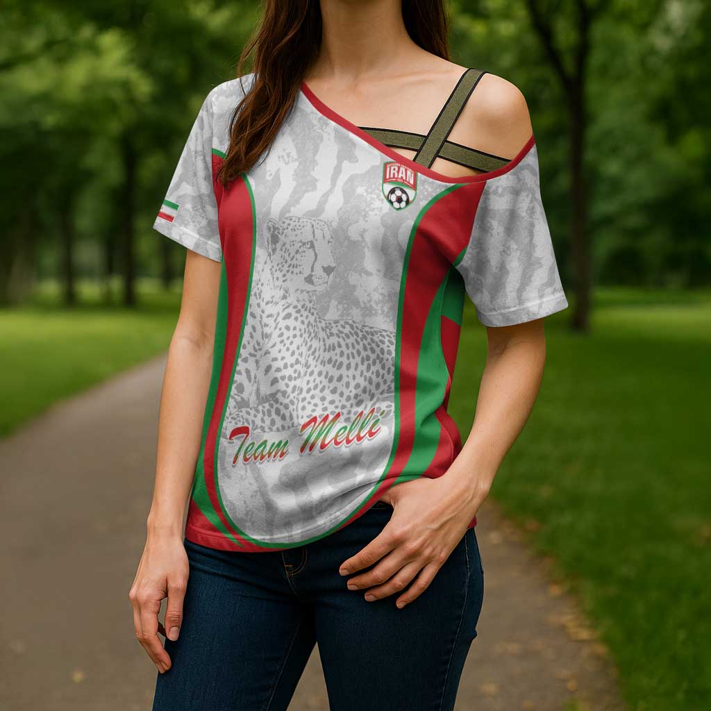 Iran Football Custom Cross Shoulder Shirt Come On Team Melli Cheetah - Wonder Print Shop