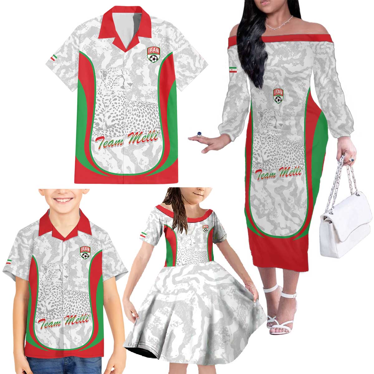 Iran Football Custom Family Matching Off The Shoulder Long Sleeve Dress and Hawaiian Shirt Come On Team Melli Cheetah - Wonder Print Shop