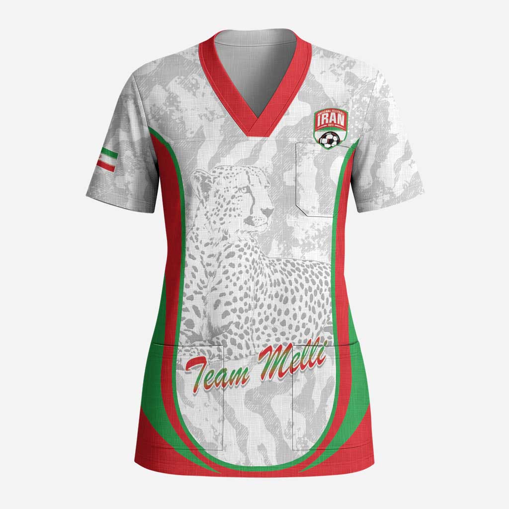 Iran Football Custom Scrub Top Come On Team Melli Cheetah - Wonder Print Shop
