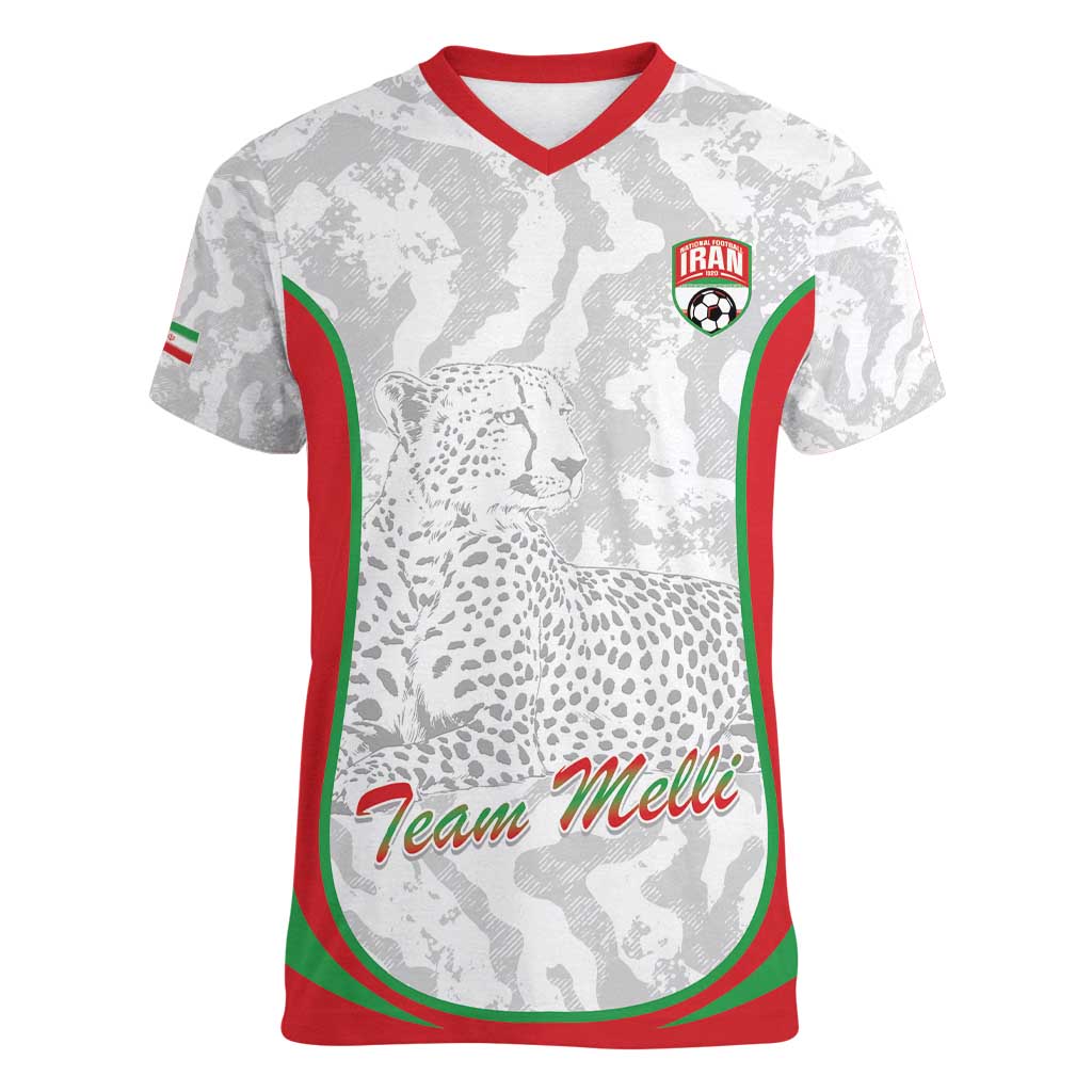 Iran Football Custom Women V-Neck T-Shirt Come On Team Melli Cheetah - Wonder Print Shop