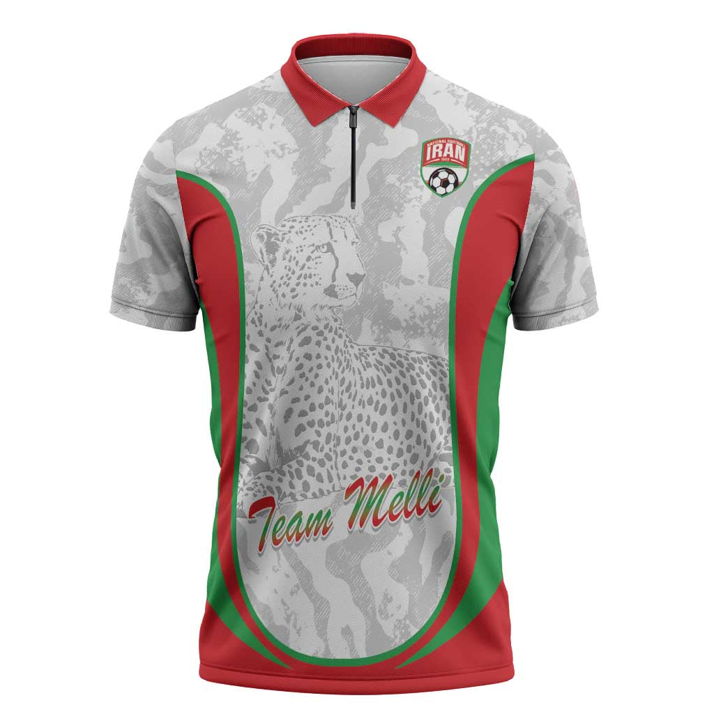 Iran Football Custom Zipper Polo Shirt Come On Team Melli Cheetah - Wonder Print Shop