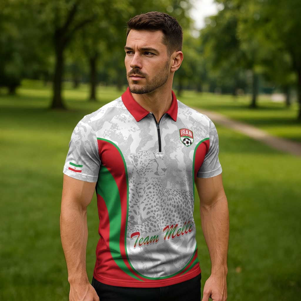 Iran Football Custom Zipper Polo Shirt Come On Team Melli Cheetah - Wonder Print Shop