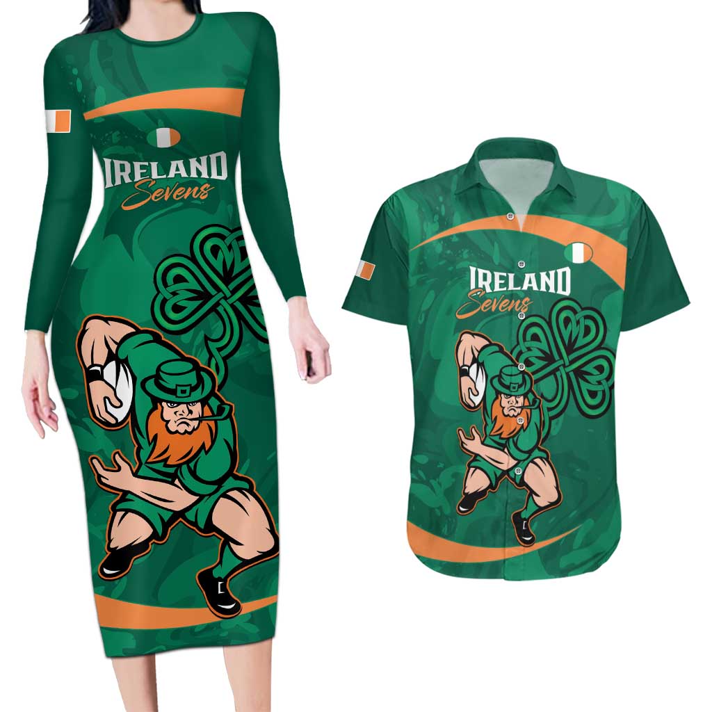 Custom Ireland Rugby Sevens Couples Matching Long Sleeve Bodycon Dress and Hawaiian Shirt Go Champions Irish Shamrock - Wonder Print Shop
