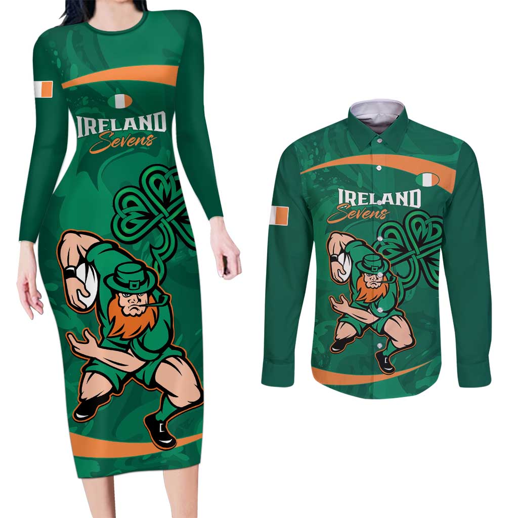 Custom Ireland Rugby Sevens Couples Matching Long Sleeve Bodycon Dress and Long Sleeve Button Shirt Go Champions Irish Shamrock - Wonder Print Shop