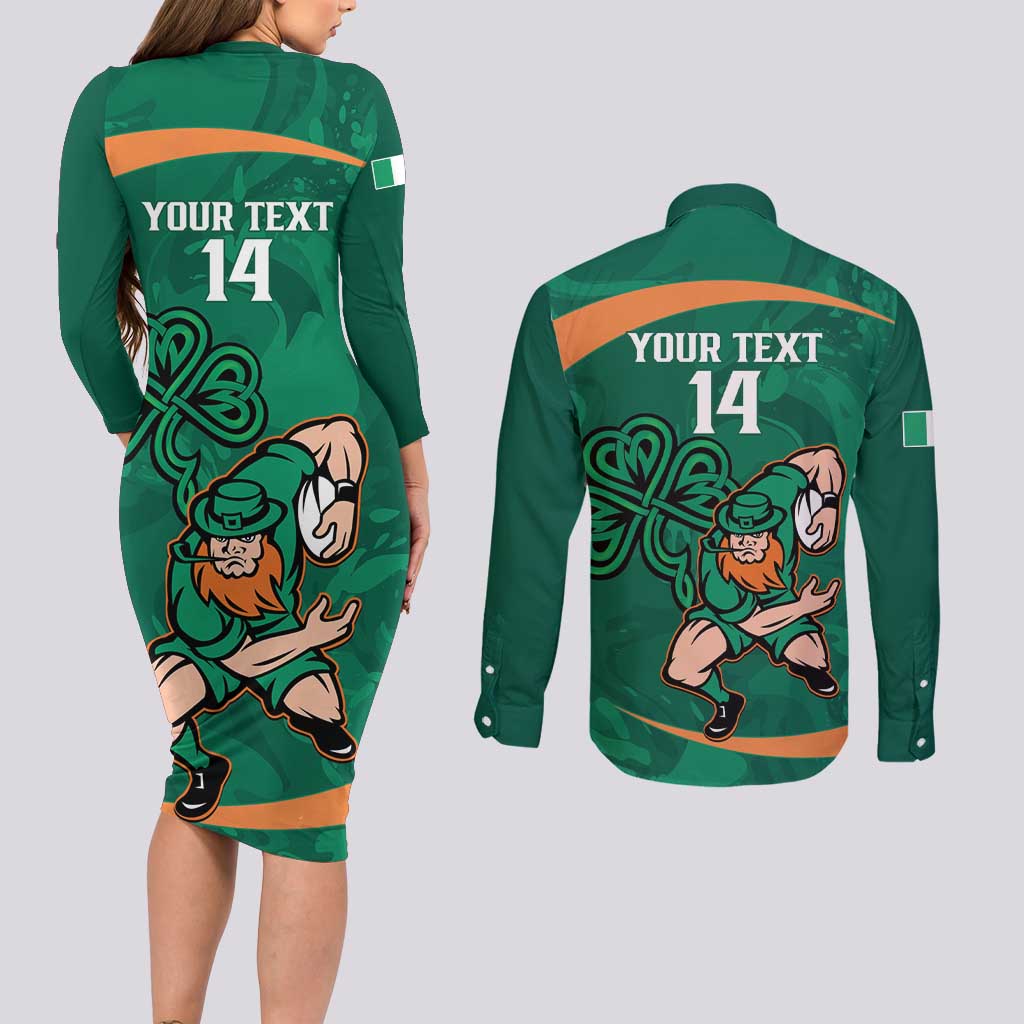 Custom Ireland Rugby Sevens Couples Matching Long Sleeve Bodycon Dress and Long Sleeve Button Shirt Go Champions Irish Shamrock - Wonder Print Shop