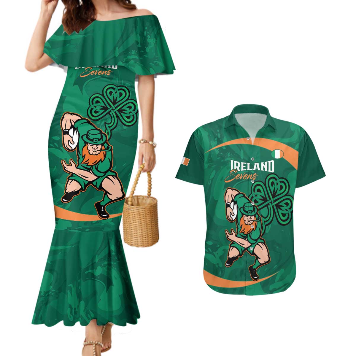 Custom Ireland Rugby Sevens Couples Matching Mermaid Dress and Hawaiian Shirt Go Champions Irish Shamrock - Wonder Print Shop
