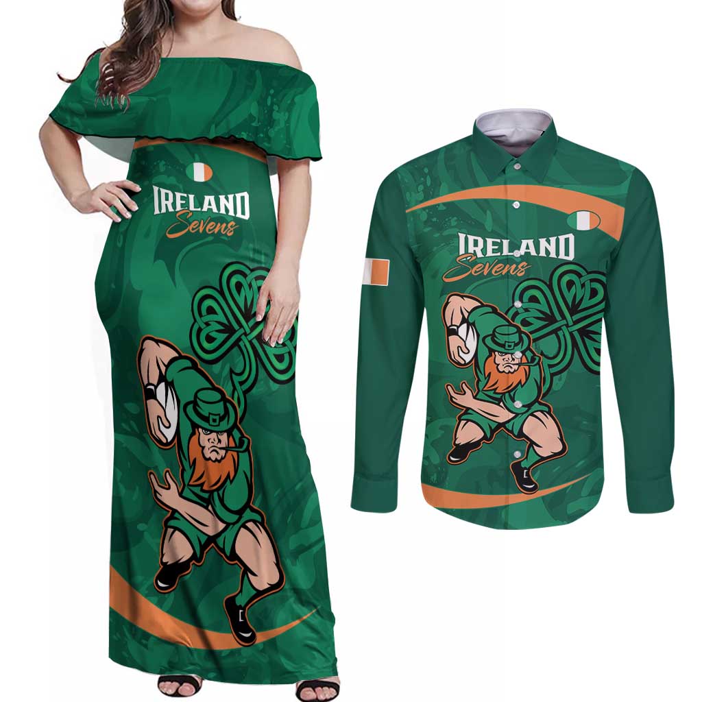 Custom Ireland Rugby Sevens Couples Matching Off Shoulder Maxi Dress and Long Sleeve Button Shirt Go Champions Irish Shamrock - Wonder Print Shop