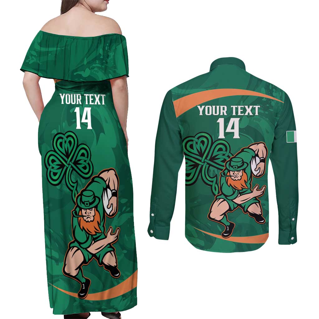 Custom Ireland Rugby Sevens Couples Matching Off Shoulder Maxi Dress and Long Sleeve Button Shirt Go Champions Irish Shamrock - Wonder Print Shop