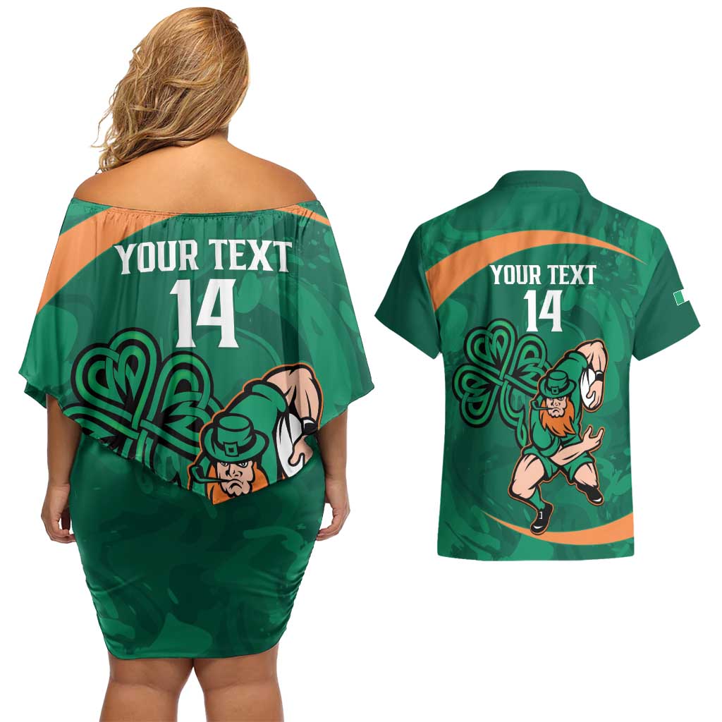 Custom Ireland Rugby Sevens Couples Matching Off Shoulder Short Dress and Hawaiian Shirt Go Champions Irish Shamrock - Wonder Print Shop