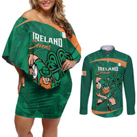 Custom Ireland Rugby Sevens Couples Matching Off Shoulder Short Dress and Long Sleeve Button Shirt Go Champions Irish Shamrock - Wonder Print Shop
