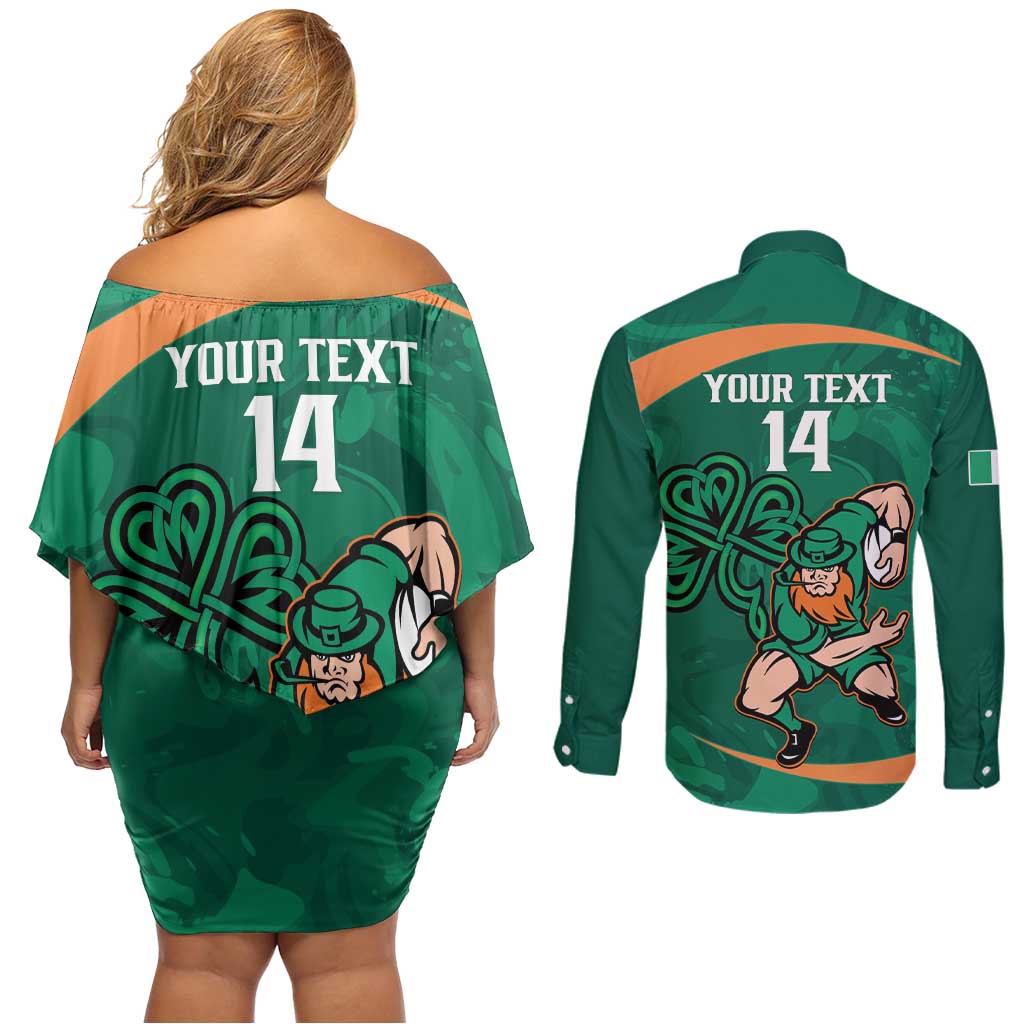 Custom Ireland Rugby Sevens Couples Matching Off Shoulder Short Dress and Long Sleeve Button Shirt Go Champions Irish Shamrock - Wonder Print Shop