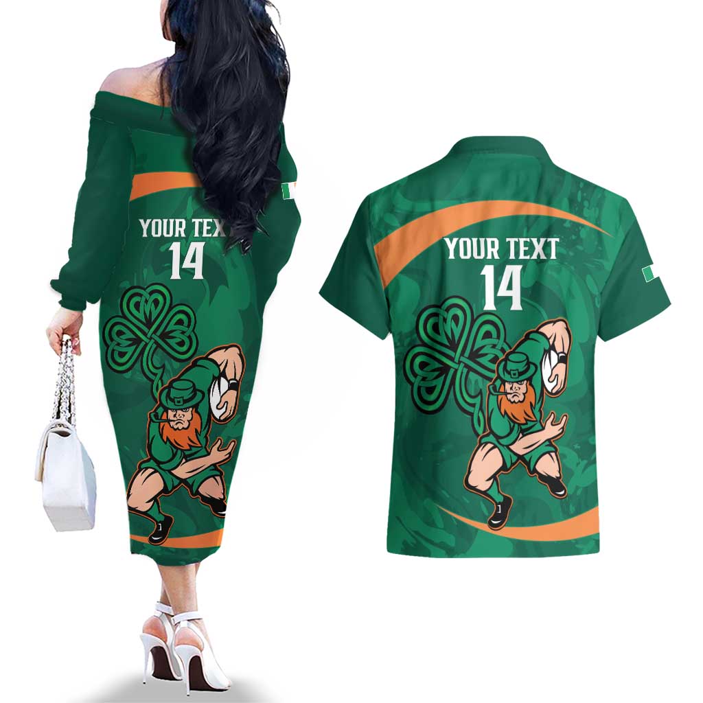 Custom Ireland Rugby Sevens Couples Matching Off The Shoulder Long Sleeve Dress and Hawaiian Shirt Go Champions Irish Shamrock - Wonder Print Shop