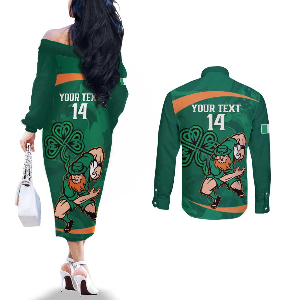 Custom Ireland Rugby Sevens Couples Matching Off The Shoulder Long Sleeve Dress and Long Sleeve Button Shirt Go Champions Irish Shamrock