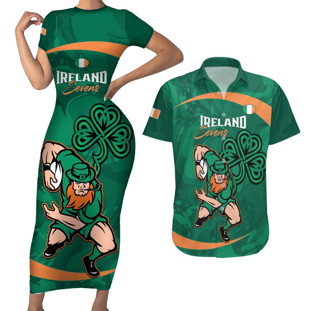 Custom Ireland Rugby Sevens Couples Matching Short Sleeve Bodycon Dress and Hawaiian Shirt Go Champions Irish Shamrock - Wonder Print Shop