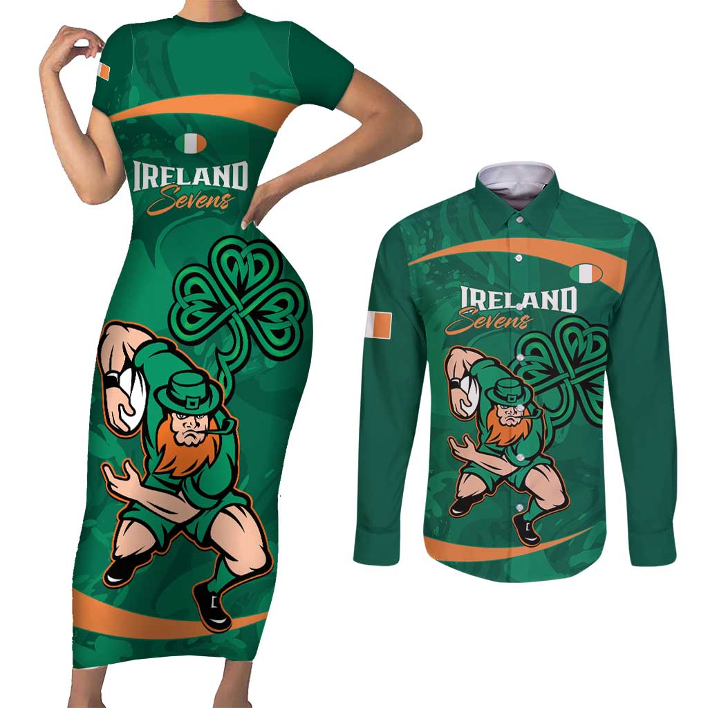 Custom Ireland Rugby Sevens Couples Matching Short Sleeve Bodycon Dress and Long Sleeve Button Shirt Go Champions Irish Shamrock - Wonder Print Shop