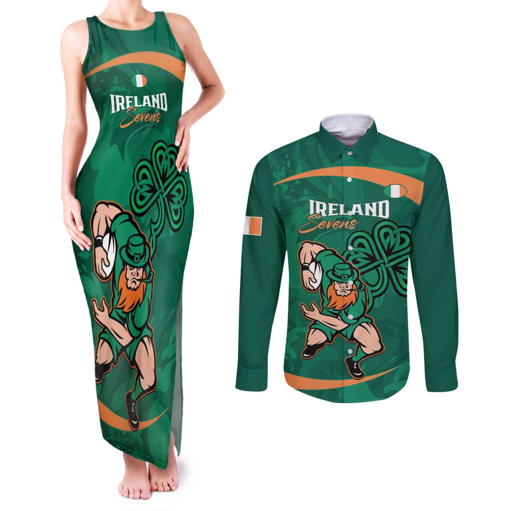 Custom Ireland Rugby Sevens Couples Matching Tank Maxi Dress and Long Sleeve Button Shirt Go Champions Irish Shamrock - Wonder Print Shop