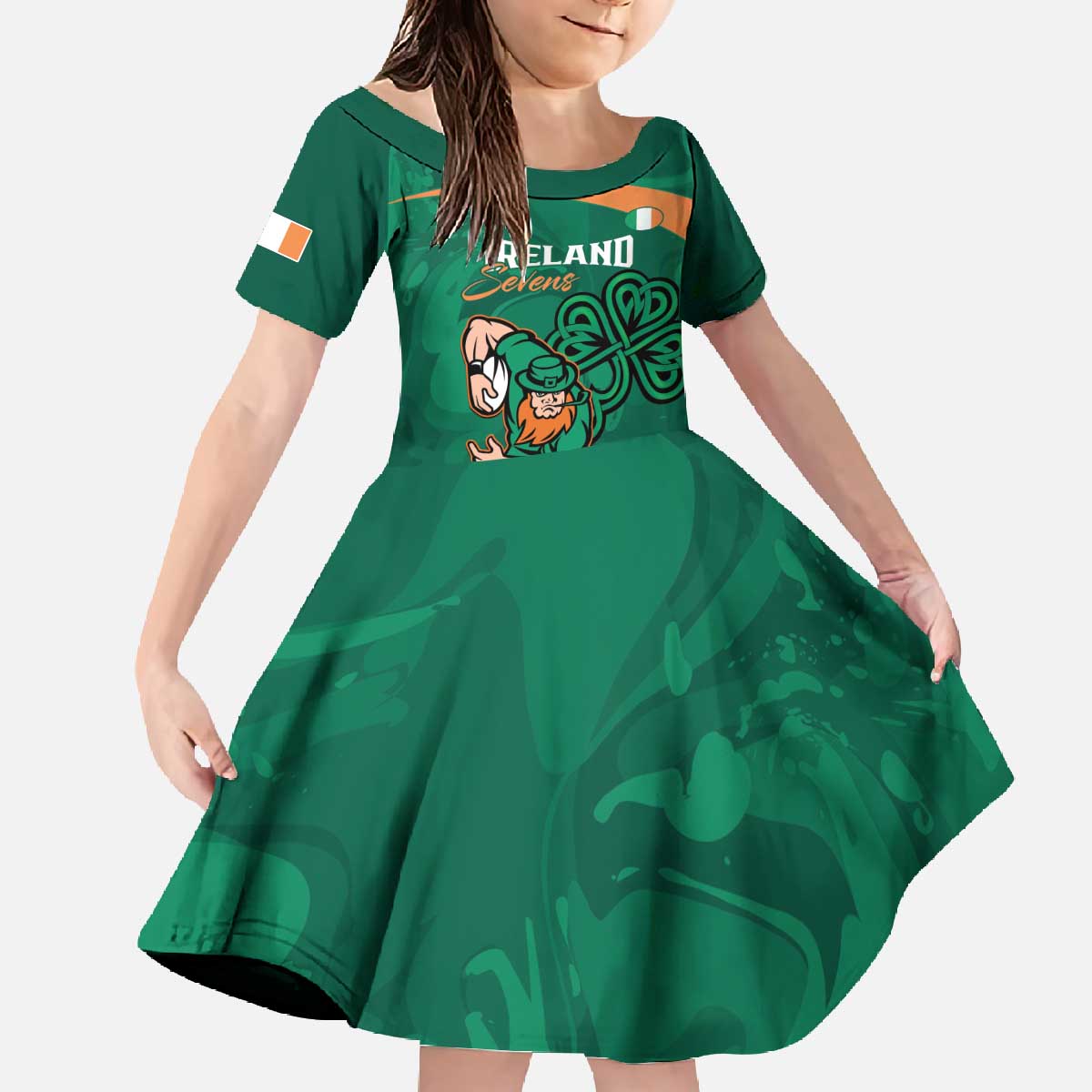Custom Ireland Rugby Sevens Family Matching Off The Shoulder Long Sleeve Dress and Hawaiian Shirt Go Champions Irish Shamrock - Wonder Print Shop