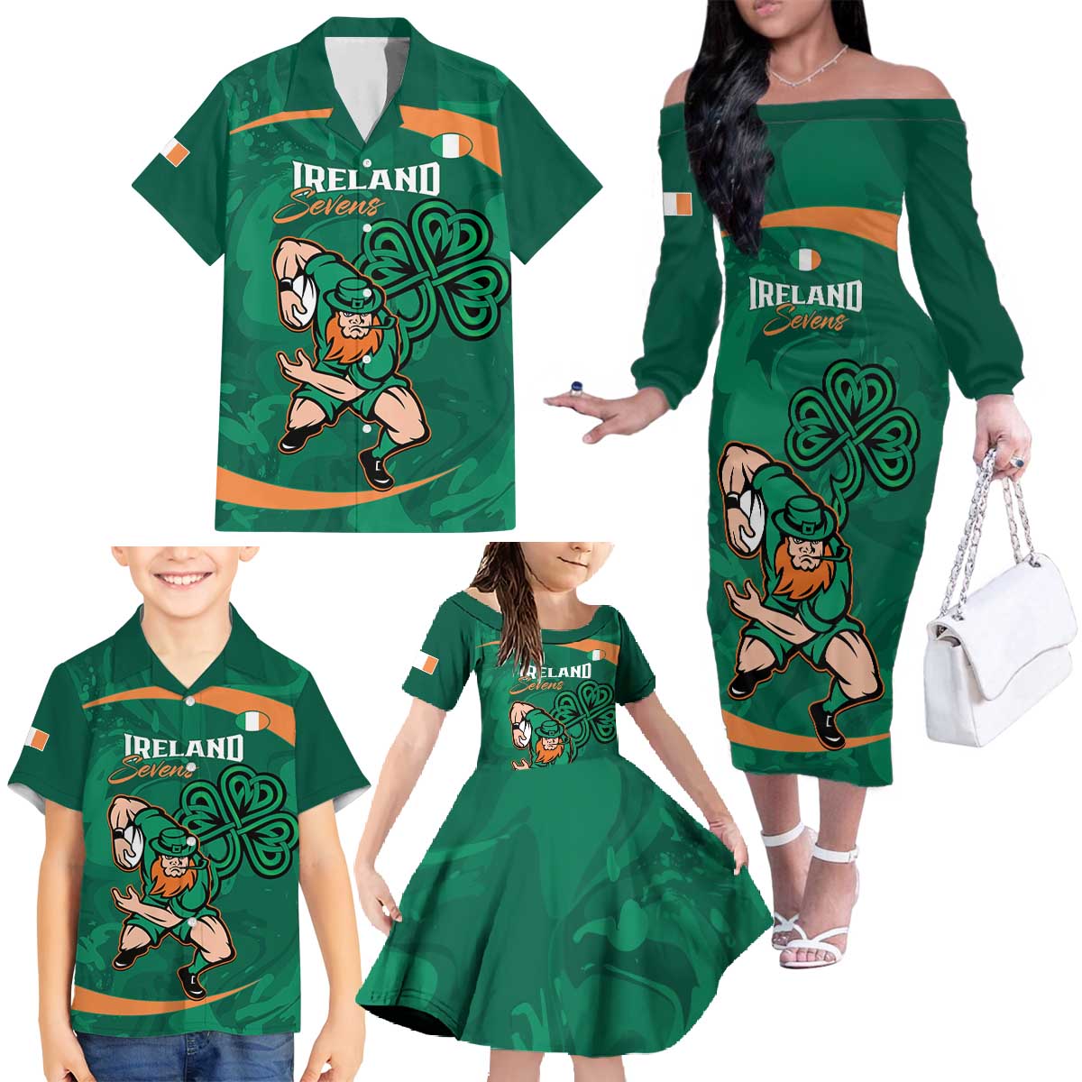Custom Ireland Rugby Sevens Family Matching Off The Shoulder Long Sleeve Dress and Hawaiian Shirt Go Champions Irish Shamrock - Wonder Print Shop