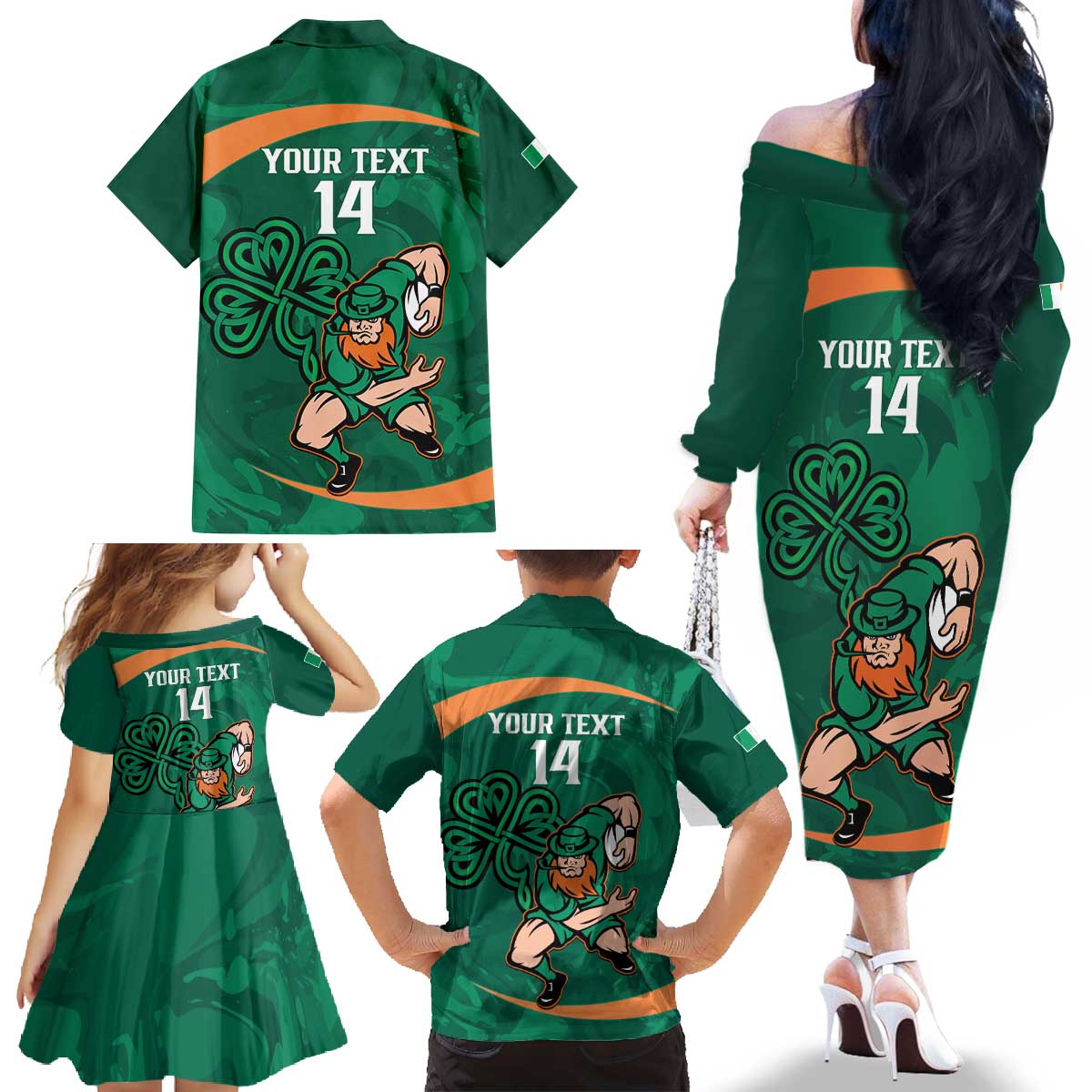 Custom Ireland Rugby Sevens Family Matching Off The Shoulder Long Sleeve Dress and Hawaiian Shirt Go Champions Irish Shamrock - Wonder Print Shop