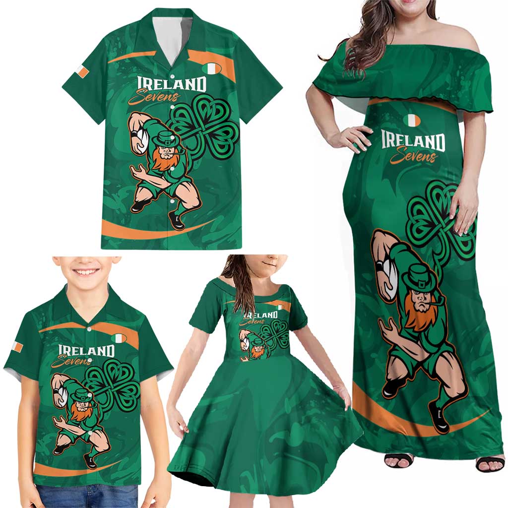 Custom Ireland Rugby Sevens Family Matching Off Shoulder Maxi Dress and Hawaiian Shirt Go Champions Irish Shamrock - Wonder Print Shop