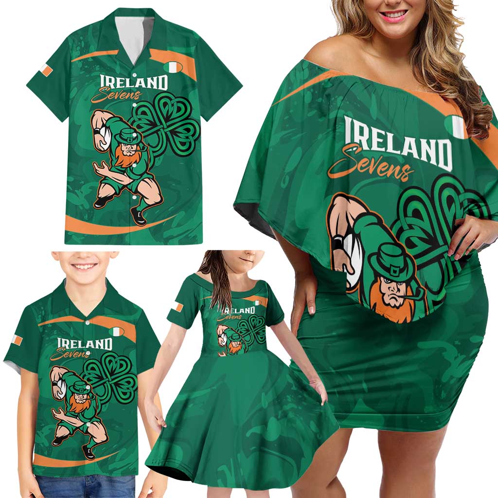 Custom Ireland Rugby Sevens Family Matching Off Shoulder Short Dress and Hawaiian Shirt Go Champions Irish Shamrock - Wonder Print Shop