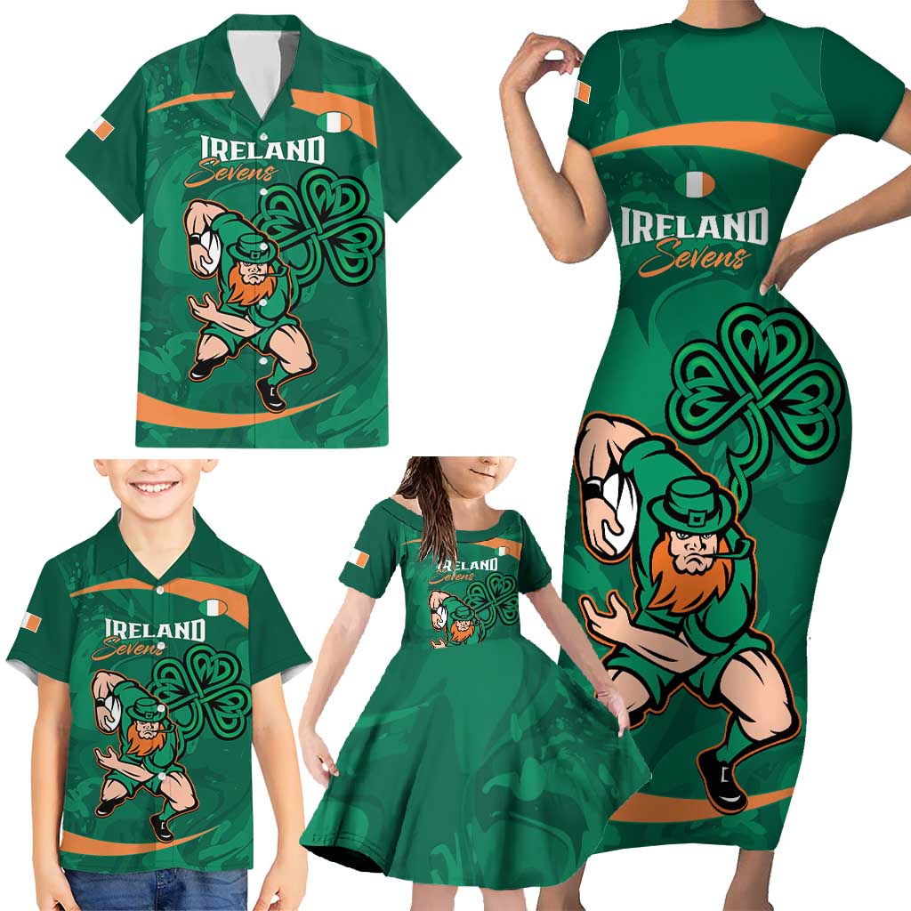 Custom Ireland Rugby Sevens Family Matching Short Sleeve Bodycon Dress and Hawaiian Shirt Go Champions Irish Shamrock - Wonder Print Shop