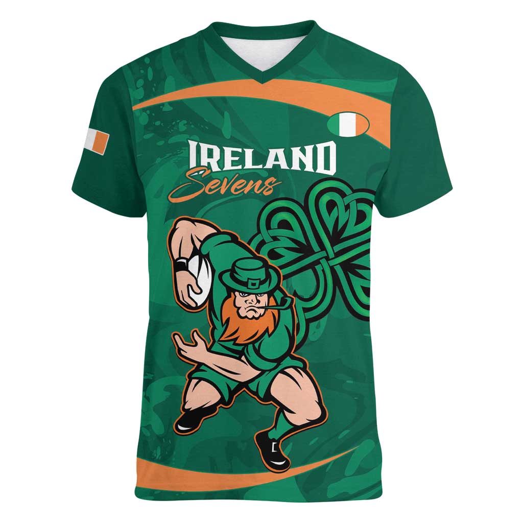 Custom Ireland Rugby Sevens Women V-Neck T-Shirt Go Champions Irish Shamrock - Wonder Print Shop