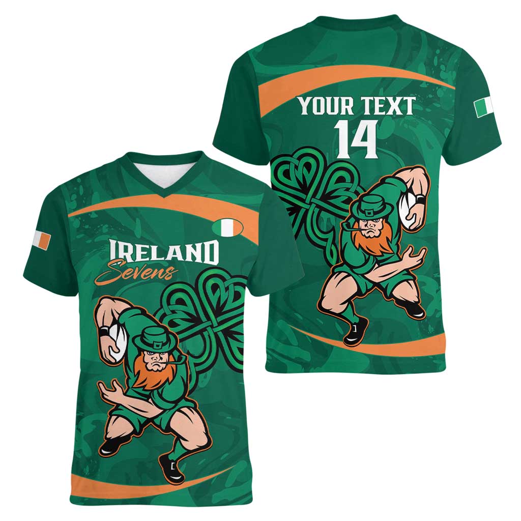 Custom Ireland Rugby Sevens Women V-Neck T-Shirt Go Champions Irish Shamrock - Wonder Print Shop