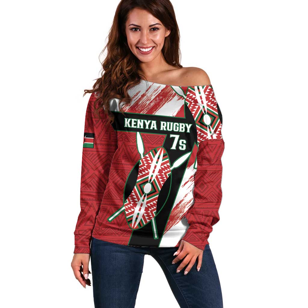 Custom Kenya Rugby Sevens Off Shoulder Sweater Go Champions African Pattern - Wonder Print Shop