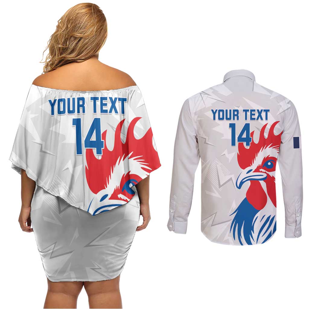 Custom France Rugby 2025 Couples Matching Off Shoulder Short Dress and Long Sleeve Button Shirt Allez Les Bleus!
