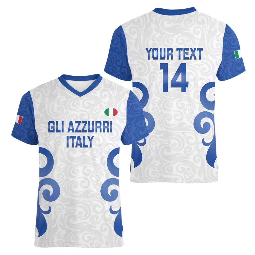 Custom Italy Rugby 2025 Women V-Neck T-Shirt Come on Gli Azzurri!