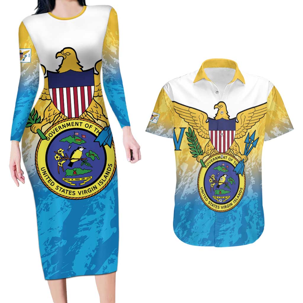 US Virgin Islands Couples Matching Long Sleeve Bodycon Dress and Hawaiian Shirt Coat Of Arms Grunge Style