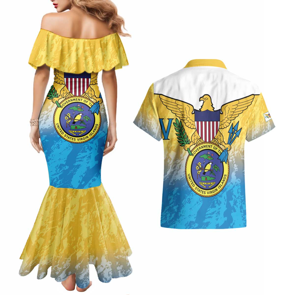 US Virgin Islands Couples Matching Mermaid Dress and Hawaiian Shirt Coat Of Arms Grunge Style