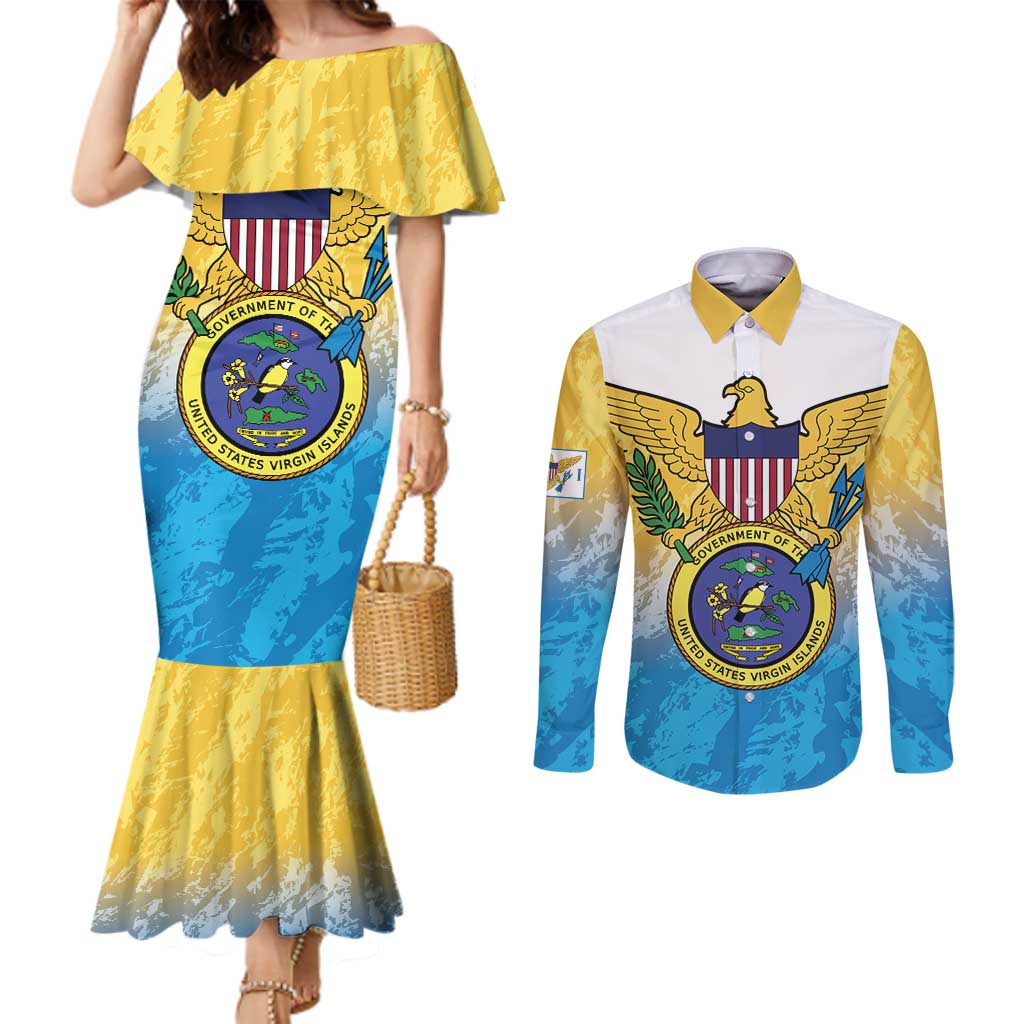 US Virgin Islands Couples Matching Mermaid Dress and Long Sleeve Button Shirt Coat Of Arms Grunge Style