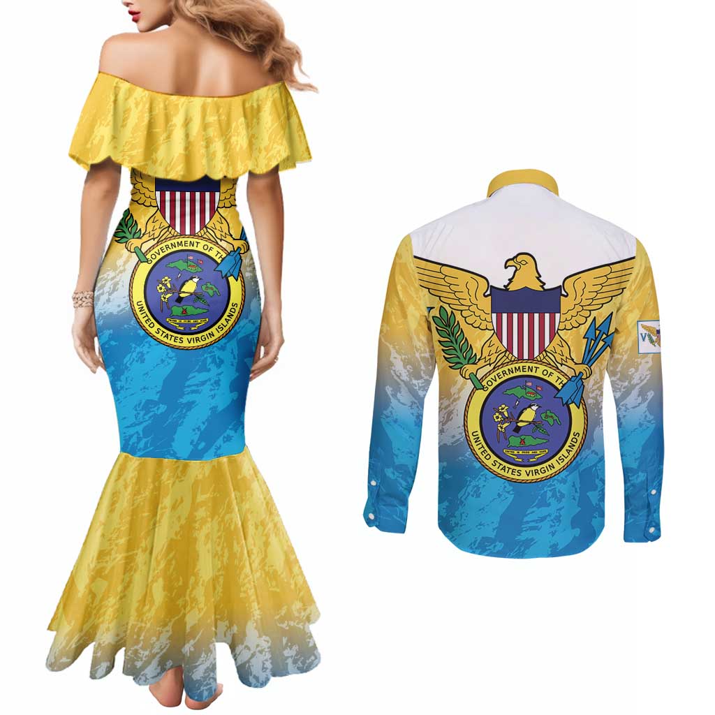 US Virgin Islands Couples Matching Mermaid Dress and Long Sleeve Button Shirt Coat Of Arms Grunge Style