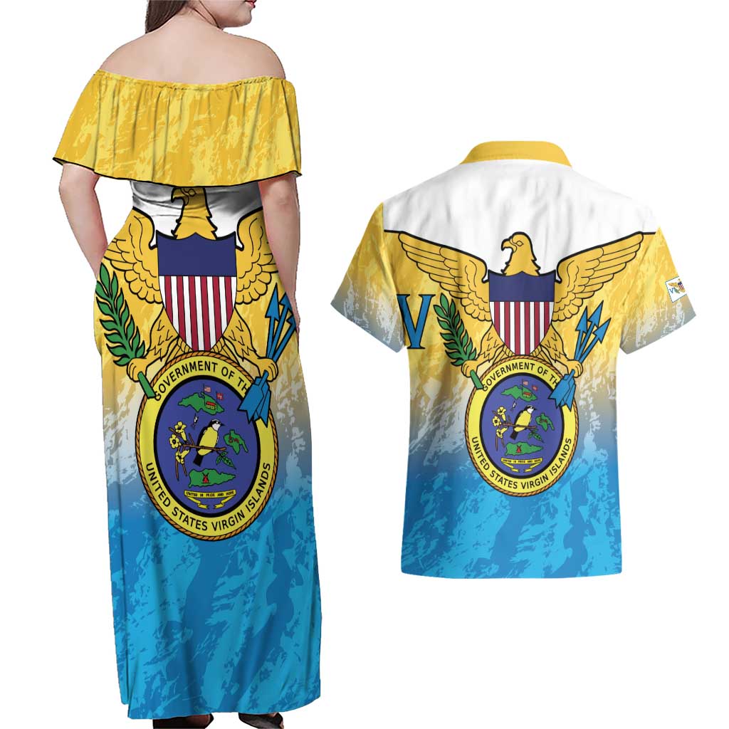 US Virgin Islands Couples Matching Off Shoulder Maxi Dress and Hawaiian Shirt Coat Of Arms Grunge Style