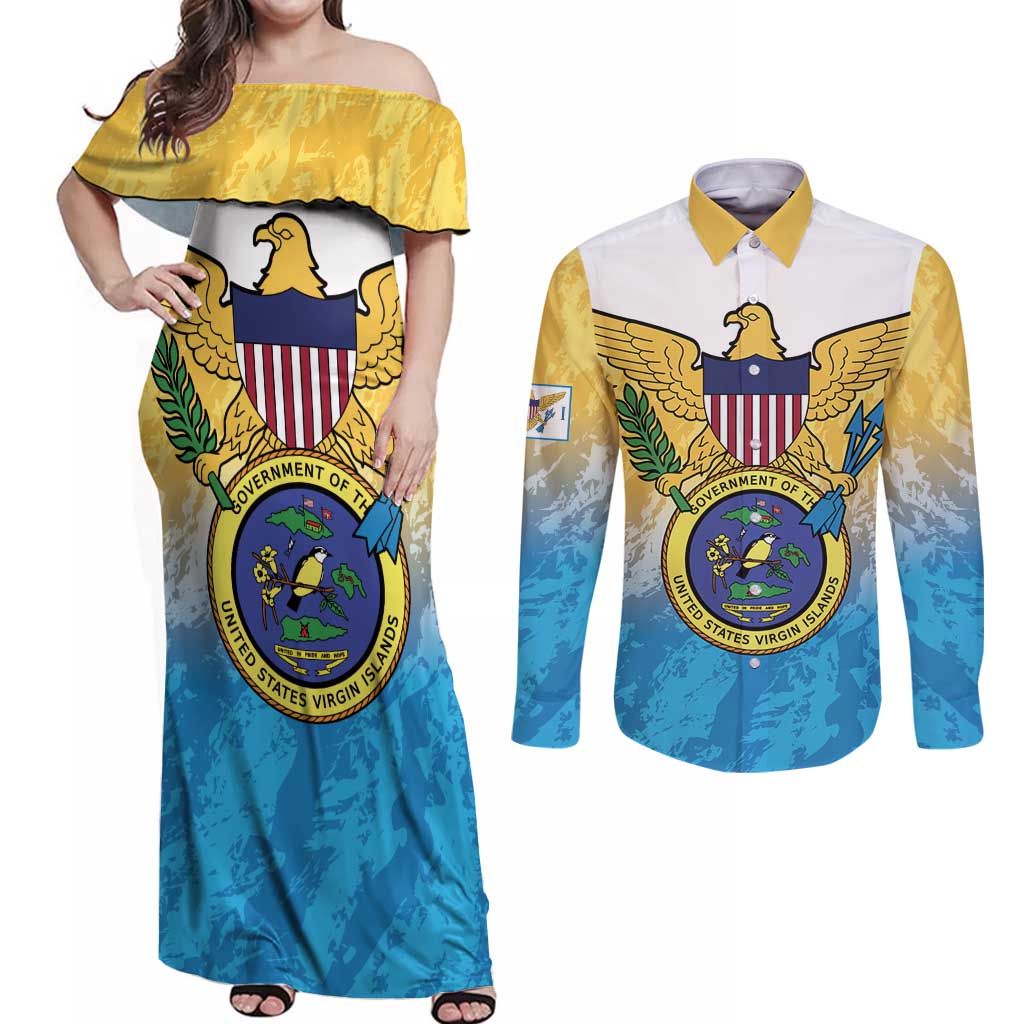 US Virgin Islands Couples Matching Off Shoulder Maxi Dress and Long Sleeve Button Shirt Coat Of Arms Grunge Style